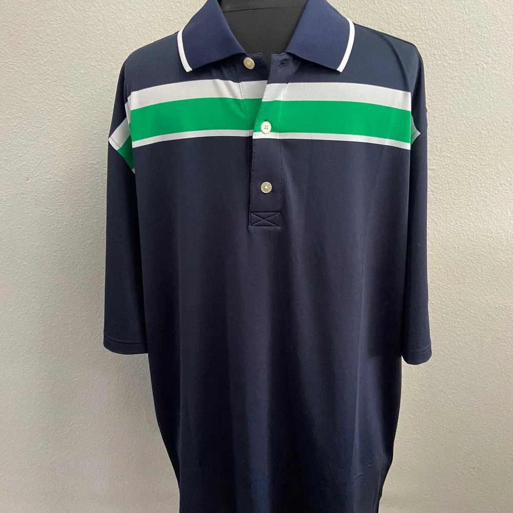 FootJoy Mens XL Navy Blue Green‎ Striped Golf Polo Shirt Performance Outdoor